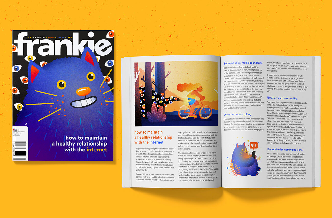A self-initiated project based on an article published in Frankie Magazine, about maintaining a healthy relationship with the Internet. (2022) | Illustration